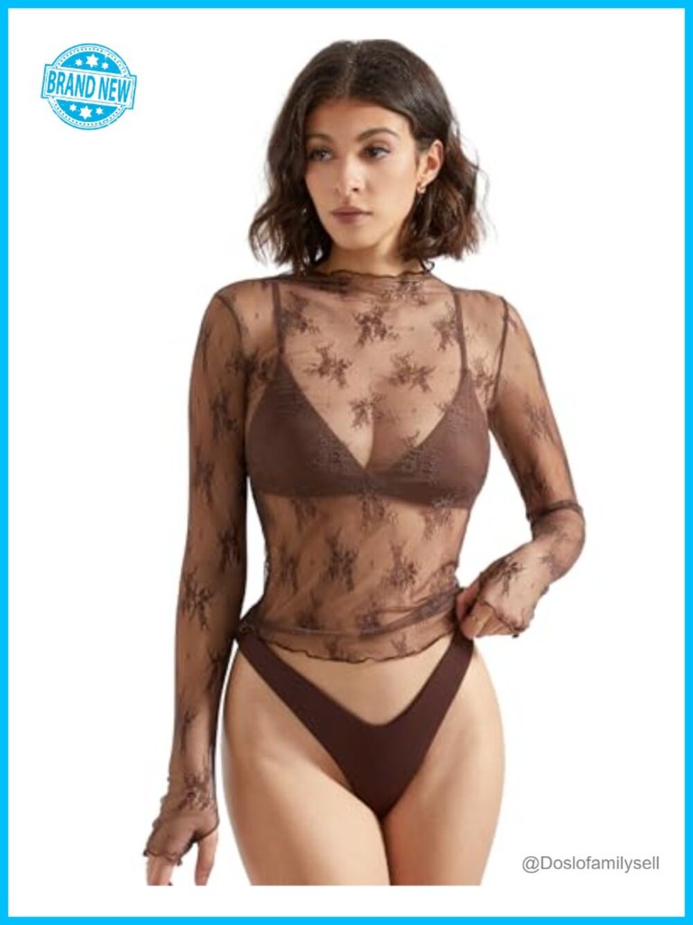 Women Sexy Sheer Lace Mesh Long Sleeve Mock Neck Blouse Top